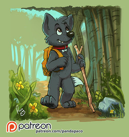 anthro backpack black_nose blue_sky collar day flower front_view fur grass grey_body grey_fur holding_object holding_stick logo looking_up male mouth_closed nude orange_eyes outside plant red_collar rock sky solo stick teeth text tree walking young young_anthro young_male pandapaco canid canine mammal artist_logo digital_media_(artwork) signature url