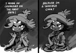 blush female humor joke naughty_face pun simple_background smile solo suggestive text bittenhard nintendo pokemon portia_(bittenhard) generation_4_pokemon humanoid mismagius pokemon_(species) digital_media_(artwork) english_text monochrome