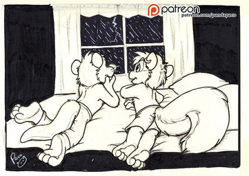 anthro barefoot bed bottomwear clothed clothing duo ear_piercing ear_ring electricity feet furniture inside lightning logo lying male male_anthro on_bed on_front open_mouth pants patreon_logo piercing raining ring_piercing shorts topless window young young_anthro young_male pandapaco patreon mammal mustelid otter rodent sciurid tree_squirrel artist_logo signature spot_color