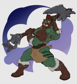 axe beard body_hair boots bottomwear chest_hair clothed clothing ear_piercing ear_ring facial_hair facial_piercing fingerless_gloves footwear gloves green_body green_nipples green_skin hair hairy handwear humanoid_pointy_ears loincloth male melee_weapon muscular muscular_humanoid muscular_male muscular_thighs mustache nipple_piercing nipple_ring nipples nose_piercing nose_ring piercing pointy_ears red_hair ring_piercing shoes solo standing topless tusks vein veiny_muscles warrior weapon yellow_eyes nightterror aruk humanoid orc hi_res