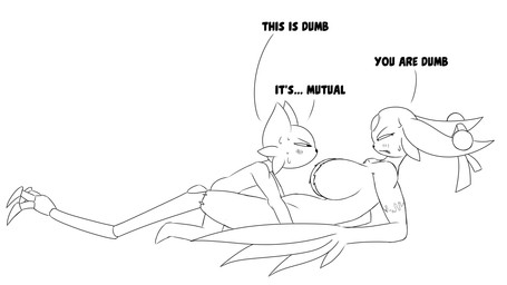 amputee angry anthro anthro_on_anthro big_breasts blush breasts dialogue disability duo feathered_wings feathers featureless_breasts female imminent_sex larger_female male male/female nude size_difference smaller_male text wings gojo_skull nine_sols red_candle_games goumang_(nine_sols) yi_(nine_sols) felid feline mammal solarian english_text hi_res line_art monochrome