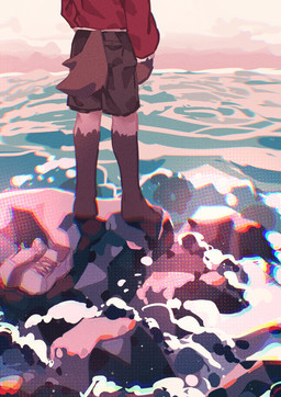 anthro black_bottomwear black_clothing black_shorts bottomwear brown_body brown_fur clothing fur long_sleeve_shirt male pink_sky red_clothing red_shirt red_topwear rock sea shirt shorts sky slim_anthro slim_male solo standing topwear water white_body white_fur hemuchang canid canine canis domestic_dog mammal 2022 hi_res