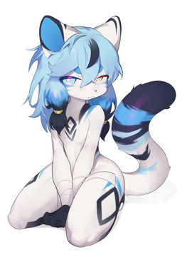 anthro femboy fur hair heterochromia kemono kneeling long_hair looking_at_viewer male male_anthro multicolored_body multicolored_fur nude simple_background solo tail white_background young young_anthro young_male saoheaven domestic_cat felid feline felis mammal 2024 digital_media_(artwork) full-length_portrait hi_res portrait