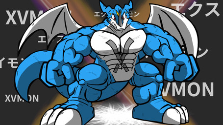 abs anthro barazoku biceps big_muscles big_pecs blue_body calf_muscles claws evolution evolution_(transformation) featureless_crotch forearm_muscles growth horn huge_muscles huge_pecs male markings muscle_growth muscular muscular_anthro muscular_male muscular_thighs pecs red_eyes solo tail text transformation transformation_sequence wings fushigidane bandai_namco digimon mythology digimon_(species) dragon exveemon mythological_creature mythological_scalie scalie 16:9 2025 colored comic digital_drawing_(artwork) digital_media_(artwork) hi_res widescreen