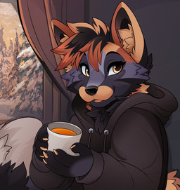 anthro black_body black_fur claws clothed clothing container cup detailed_background female fluffy_ears fur hair hoodie open_mouth orange_body orange_fur solo tail topwear winter feve canid canine mammal 2025 hi_res