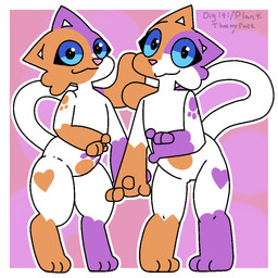 digitigrade duo footprint fur long_tail looking_at_viewer markings orange_body orange_fur pawprint pawprint_(marking) plantigrade pose purple_body purple_fur square_crossover standing tail white_body white_fur theenyface capcom monster_hunter cally_(theenyface) calico_cat domestic_cat felid feline felis felyne lynian mammal palico 1:1 aliasing digital_drawing_(artwork) digital_media_(artwork) flat_colors