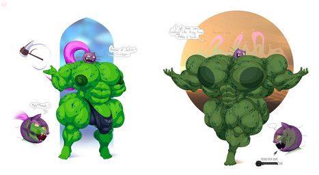 abs age_difference anthro ball_gag biceps calf_muscles controlled darkened gag green_body growth hair hammer hollow_eyes internal lock_symbol male mask mask_transformation muscle_growth muscular muscular_male null_bulge older_male pecs pink_hair possession quads solo soul_absorption standing status_effect takeover text tools transformation transformation_sequence wearing_mask bobthetanuki deltarune fear_&_hunger_2:_termina undertale_(series) gerson_boom_(deltarune) pocketcat_(fear_&_hunger) absurd_res english_text hi_res
