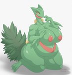 anthro anuvia areola big_breasts biped breasts eyelashes female generation_3_pokemon genitals hi_res holding_breast huge_breasts kneeling looking_at_viewer nintendo nipples nude obese obese_female overweight overweight_female pokemon pokemon_(species) pupils pussy sceptile smile solo thick_thighs