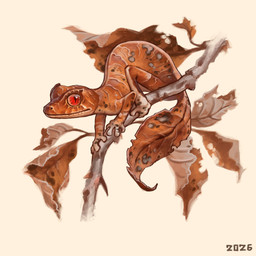 ambiguous_gender branch brown_body brown_scales feral grey_spots leaf leaf_tail on_branch pupils red_eyes scales slit_pupils solo spots tail tan_body tan_scales alexpahomov flat-tailed_gecko gecko leaf-tailed_gecko lizard reptile satanic_leaf-tailed_gecko scalie 1:1 2026 digital_media_(artwork) digital_painting_(artwork) hi_res painting_(artwork)