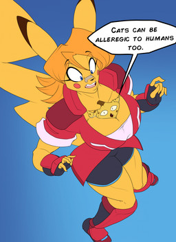 ambiguous_gender anthro banana_peel between_breasts big_breasts black_bottomwear black_clothing black_gloves black_handwear black_shorts blue_background blue_eyes boots bottomwear breasts cleavage clothed clothed_anthro clothed_female clothing dialogue duo female fingerless_gloves footwear fur gloves handwear red_clothing red_topwear shoes shorts simple_background speech_bubble tail text topwear white_top yellow_body yellow_fur toughset nintendo pokemon sarah_chu generation_1_pokemon living_banana pikachu pokemon_(species) 2026 english_text hi_res