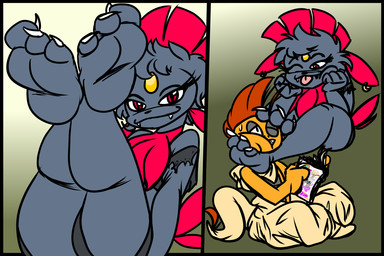 3_toes anthro anthro_on_anthro anthrofied bangs barefoot bedroom_eyes bent_legs between_feet biped black_border black_bottomwear black_clothing black_eyebrows black_nose black_topwear blep border bottomwear claws clothed clothing crop_top crossed_ankles curling_toes cute_fangs dark_eyelids duo ear_piercing ear_ring eye_contact eyebrows eyelashes fangs feet feet_together feet_up female foot_fetish foot_focus foot_on_face foot_play forehead_gem foreshortening front_view fur gem hair half-closed_eyes head_tuft humanoid_feet inviting looking_at_another looking_at_partner looking_at_viewer male male/female mohawk narrowed_eyes neck_tuft one_eye_closed outside_border oversized_bottomwear oversized_clothing oversized_pants pants perspective piercing plantigrade pokemorph presenting red_eyes red_hair ring_piercing seductive shirt simple_background sitting smile smiling_at_viewer snaggle_tooth soles tail tail_tuft teasing teeth thick_eyelashes three-quarter_view toe_claws toes tongue tongue_out topwear torn_clothing torn_shirt torn_topwear tuft white_claws wink ralftheralfman nintendo pokemon fan_character fang_the_weavile gambit_the_scrafty generation_4_pokemon generation_5_pokemon mammal pokemon_(species) scalie scrafty weavile 2021 3:2 digital_drawing_(artwork) digital_media_(artwork)