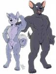 anthro black_body black_fur blue_eyes casual_nudity claws digitigrade duo eye_contact featureless_crotch flexing fur grey_body grey_fur hand_on_hip hand_on_shoulder looking_at_another male muscular nude simple_background size_difference social_nudity white_background rick_griffin housepets! fox_(housepets!) mungo_(housepets!) canid canine canis domestic_dog mammal 2017