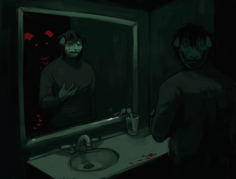 4_fingers anthro bangs bathroom behind_another biped black_eyes black_hair blood blood_drip blood_on_face blood_on_hand bodily_fluids brush cheeky_smile claws clothed clothed_anthro clothed_male clothing distracted dripping duo facial_scar faucet fingers fully_clothed fully_clothed_anthro fully_clothed_male grin grinning_at_viewer hair horn horrified horror_(expression) horror_(theme) jumpscare looking_at_another looking_at_self looking_at_viewer looking_back looking_back_at_viewer male male_anthro messy_hair mirror mirror_reflection nightmare_fuel one_eye_closed open_mouth pose red_claws red_eyes red_horn red_teeth reflection scar scared scared_eyes short_hair sink smile smiling_at_viewer teeth teeth_showing toothbrush when_you_see_it alfdefolf nameless_character bovid canid canine caprine demon goat mammal 2023 colored detailed digital_drawing_(artwork) digital_media_(artwork) hi_res portrait shaded three-quarter_portrait