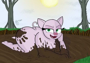 anthro big_butt breasts butt cloud cloudy_sky dirty eyelashes female grass green_eyes hand_print hand_print_on_butt messy mud mud_bath mud_pit muddy nude open_mouth outside overweight overweight_anthro overweight_female plant simple_background sky smile solo spank_marks tail thick_thighs tree wam wide_hips sebaku domestic_pig mammal suid suine sus_(pig) digital_media_(artwork)