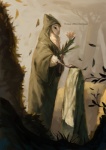 anthro autumn cape clothing detailed_background female flower forest grieving outside plant robe solo tombstone tree wood noxypia avian bird owl