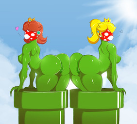 after_transformation alternate_species annoyed anus blonde_hair breasts brown_hair butt cloud crown duo ear_piercing ear_ring female genitals hair headgear heart_symbol implied_transformation nipples not_furry piercing pipe plant plant_transformation ring_piercing smile sun thick_thighs vulva koopacap mario_bros nintendo princess_daisy princess_peach elemental_creature flora_fauna humanoid piranha_plant 2019