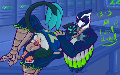 andromorph anthro anus back_grab blush bodily_fluids body_blush clothing dreadlocks drooling duo female genitals intersex jersey locker_room lying male male/female mascot on_back on_bottom pawpads penetration penile penile_penetration penis penis_in_vagina rear_view saliva shirt shoulder_grab sub_on_top sweat sweatdrop tail topwear vaginal vaginal_penetration vulva vulva_blush nightspades mythology nfl seattle_seahawks blitz_the_seahawk rye_(nightspades) accipitriform avian bird corvid gryphon magpie_(corvid) mythological_avian mythological_creature oscine osprey passerine seahawk 16:10 hi_res shaded soft_shading widescreen