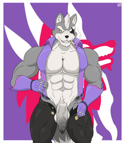 abs anthro balls big_penis cigarette countershading eye_patch eyewear foreskin genitals humanoid_genitalia humanoid_penis looking_at_viewer male muscular muscular_male pecs penis solo pizzaozzy nintendo star_fox wolf_o'donnell canid canine canis mammal wolf absurd_res hi_res