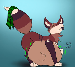 abdominal_bulge ambiguous_gender ambiguous_pred ambiguous_prey belly big_belly blue_background brown_body brown_fur brown_tongue clothing dipstick_tail duo endosoma eyes_closed feral feral_pred fur gradient_background green_scarf hand_on_belly hand_on_own_belly healing_vore huge_belly inside_stomach markings multicolored_body multicolored_fur oral_vore pattern_clothing pattern_scarf prey_outline safe_vore scarf simple_background smile striped_clothing striped_scarf stripes tail tail_markings tongue tongue_out unseen_prey vore white_body white_fur dezzykitsune canid canine fox mammal 2021 dated