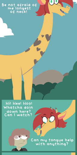 brown_eyes brown_hair duo feral forest fur green_eyes hair larger_male long_tongue male plant purple_tongue red_hair size_difference text tongue tree yellow_body yellow_fur shane_frost shane_frost_(shane_frost) giraffe giraffid human mammal absurd_res comic english_text hi_res