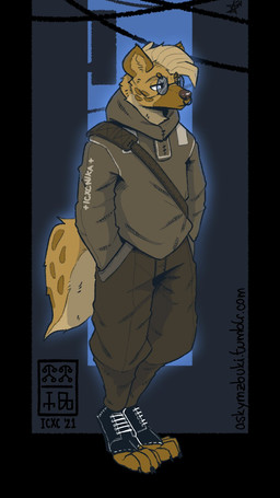 anthro backpack bottomwear clothing ears_up eyewear facial_piercing glasses hand_in_pocket hoodie male nose_piercing nose_ring pants piercing pockets ring_piercing round_glasses solo tail topwear wearing_glasses mawkvlt kolya_yeen_(mawkvlt) hyena mammal 9:16 hi_res