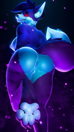 anthro anus areola big_breasts black_background blue_anus blue_areola blue_body blue_fur blue_nipples blue_pawpads blue_vulva breasts butt claws digitigrade feet female fur genitals glistening glistening_body hair hindpaw inner_ear_fluff looking_back_at_self nipples on_one_leg particles pawpads paws puffy_anus purple_body purple_fur purple_hair rear_view red_eyes red_sclera sharp_teeth short_hair simple_background solo standing striped_arms striped_body striped_fur striped_legs stripes surprised tail teeth thick_tail tuft vulva wide_hips jizzyfox smashingrenders_(modeler) jizzy_fox_(jizzyfox) canid canine fox mammal 3d_(artwork) 4k 9:16 absurd_res digital_media_(artwork) hi_res watermark
