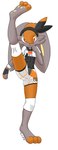 3_toes abs adolescent anthro bangs barefoot bodily_fluids bottomwear brown_body brown_fur clothing ears_down eyelashes feet female flat_chested flexible floppy_ears fur gym_leader high_kick hindpaw kick knee_pads long_ears on_one_leg one_leg_up orange_body orange_fur paws pivoted_ears plantigrade raised_leg red_eyes serious shorts simple_background soles solo splits spread_legs spreading standing sweat sweaty_feet toes training vertical_splits young young_female mr_fuwa nintendo pokemon bea_(pokemon) cinderace generation_8_pokemon lagomorph leporid mammal pokemon_(species) shiny_pokemon absurd_res hi_res