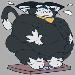 4_fingers anthro back_rolls belly belly_overhang belly_tuft big_belly black_body black_fur black_nose blue_eyes bodily_fluids body_hair breasts clothing double_chin embarrassed fangs fat_legs fat_rolls fingers fluffy fur handkerchief holding_belly huge_belly kerchief looking_down male markings mask moobs obese obese_anthro obese_male overweight overweight_anthro overweight_male shortstack solo surprised sweat sweatdrop tail tail_markings teeth text thick_thighs tuft weighing_scale weight_gain whiskers white_body white_fur worried worried_look yellow_clothing justwatchingthings atlus fattytober megami_tensei persona_(series) persona_5 sega morgana_(persona) domestic_cat felid feline felis mammal tuxedo_cat 1:1 hi_res