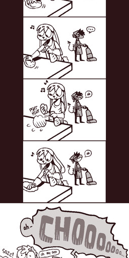 anthro cleaning cleaning_rag cleaning_tool clothed clothed_anthro clothed_male clothing dialogue duo ellipsis eyes_closed floppy_ears fur gloves hair half-closed_eyes handwear male musical_note musical_symbol narrowed_eyes open_mouth raised_tail smile sneeze sound_effects spade_tail speech_bubble spray_bottle symbol tail text vacuum_cleaner wide_eyed shyguy9 pith demon imp lagomorph leporid mammal rabbit comic english_text hi_res monochrome