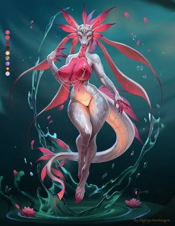 anthro areola big_breasts biped breasts female front_view genitals long_tail looking_at_viewer mouth_closed multicolored_body navel nipple_piercing nipples non-mammal_breasts non-mammal_navel non-mammal_nipples nude piercing pupils scales simple_background small_waist solo tail thick_thighs ventral_scales vulva wide_hips silgiriya_mantsugosi mythology dragon mythological_creature mythological_scalie scalie hi_res