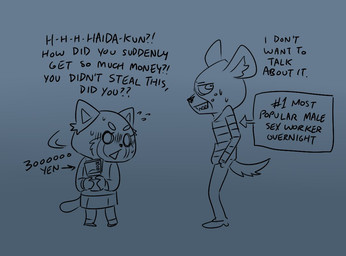 anthro canon_couple clothing duo embarrassed female humor male money pattern_clothing shocked striped_clothing stripes text underbite stickly aggretsuko sanrio haida_(aggretsuko) retsuko ailurid hyena mammal red_panda spotted_hyena english_text sketch