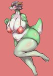 anthro areola big_breasts bikini biped black_hair blush bottomless breasts cleavage clothed clothing countershading female green_body hair horn huge_breasts huge_thighs looking_at_viewer navel nipples pink_eyes simple_background skimpy slightly_chubby slightly_chubby_female smile solo swimwear tail thick_thighs translucent translucent_clothing two-piece_swimsuit solterv mythology dragon mythological_creature mythological_scalie scalie hi_res