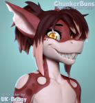 bangs femboy grin hair long_hair looking_at_viewer male ponytail red_body red_skin sharp_teeth smile solo teeth yellow_eyes chunkerbuns darryl fish marine shark 3d_(artwork) digital_media_(artwork)