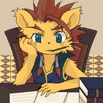 4_fingers anthro blue_eyes book bored brown_hair clothed clothing fingers fully_clothed fur hair head_on_hand homework kemono male pencil_(object) pencil_in_mouth solo topwear vest writing_utensil yellow_body yellow_fur young dakuten junior_(dakuten) felid mammal 1:1 low_res