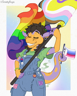 abdl abdl_pride_colors accessory anthro autism_symbol autistic_pride_colors badge bisexual_pride_colors blue_claws blue_clothing blue_overalls bottomwear bracelet brown_hair claws clothed clothing clothing_lift denim denim_bottomwear denim_clothing diaper diaper_bulge diaper_fetish diaper_peekage diaper_under_clothing ear_piercing ear_ring eyes_closed flag flag_(object) green_clothing green_shirt green_topwear hair happy holding_by_tail holding_flag holding_object jeans jewelry lgbt_pride male markings mohawk mullet orange_body orange_skin overalls pants patched_clothing piercing piersing pin_accessory pin_button pride pride_color_accessory pride_color_background pride_color_clothing pride_color_flag pride_colors pride_pin purple_body purple_skin ring_(jewelry) ring_piercing shirt shirt_lift simple_background smelly smile soiled_diaper solo spots spotted_markings stink_fumes stink_lines teeth_showing thick_thighs topwear unclean_diaper used_diaper waving_flag wearing_diaper white_diaper smellykuya kuya_the_lizard_(smellykuya) gecko hybrid lizard reptile scalie skink 4:5 hi_res