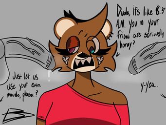 anthro bodily_fluids cheek_tuft disembodied_penis ear_piercing eyelashes facial_tuft female genital_fluids genitals group head_tuft leaking_precum male male/female multi_mouth penis piercing precum sharp_teeth simple_background simple_coloring steam teeth text trio tuft yosoybonfie kanye_west dropout_bear 4:3 absurd_res english_text hi_res shaded simple_shading