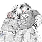 anthro biceps black_hair blush bottomwear clothed clothing collar duo fur hair hat headgear headwear leash male muscular open_mouth paws shirt shorts simple_background size_difference smile submissive tail teeth tongue topwear white_body solomon caid_(lion) langdon_marston canid canine canis domestic_dog felid husky lion mammal nordic_sled_dog pantherine spitz hi_res