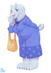 3_toes anthro barefoot breasts cardigan claws clothing egg feet female floppy_ears fur holding_object horn open_mouth open_smile purple_eyes simple_background slightly_chubby slightly_chubby_anthro slightly_chubby_female smile solo toes white_background white_body white_fur aruurara undertale_(series) toriel bovid caprine mammal 2021 hi_res signature