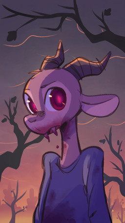 2_horns anthro biped blood bodily_fluids brown_body brown_fur clothed clothing facial_markings fangs fur head_markings horn looking_at_viewer male markings messy outside plant red_eyes solo sunset teeth tree fuel_(artist) chico_(fuel) antelope bovid mammal vampire 2021 9:16 hi_res