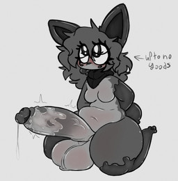 anthro balls big_balls big_penis blush bodily_fluids breasts dripping genital_fluids genitals gynomorph humanoid_genitalia humanoid_penis intersex leaking_precum nude penis precum precum_drip slightly_chubby solo text thick_thighs dawrklawst dawrk canid canine canis goo_creature jackal mammal 2025 english_text hi_res