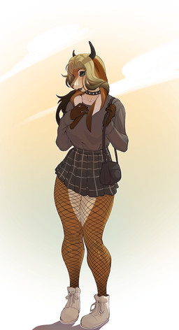 2_horns 5_fingers anthro biped black_eyeshadow black_lipstick bottomwear brown_body choker clothed clothing eyeshadow facial_piercing female fingers fishnet_clothing fishnet_leggings fishnet_legwear footwear freckled_face freckles front_view fully_clothed green_eyes hair horn humanoid_hands jewelry labret_piercing leggings legwear lip_piercing lipstick long_ears long_hair looking_aside makeup miniskirt necklace nose_piercing piercing plantigrade purse shoes simple_background skirt snout solo spiked_choker standing topwear zeighous laura_(soft_rain) bovid caprine goat mammal absurd_res digital_drawing_(artwork) digital_media_(artwork) full-length_portrait hi_res portrait trans_(lore) trans_woman_(lore)