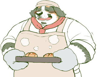 anthro apron blush bread clothing eyes_closed food humanoid_hands male overweight overweight_anthro overweight_male simple_background solo white_background 12beat13 canid canine canis domestic_dog mammal 2019