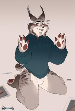 anthro black_ear_tips black_lips blush bodily_fluids briefs bulge cheek_tuft claws clothed clothing dipstick_ears ear_markings facial_tuft fur green_clothing green_sweater green_topwear grey_body grey_fur kneeling lips male multicolored_ears pantsless pawpads photo pink_nose pink_pawpads simple_background solo sweat sweatdrop sweater teeth tighty_whities topwear tuft underwear white_background white_body white_briefs white_clothing white_fur white_inner_ear white_underwear yellow_eyes demure303 disney zootopia pawbert_lynxley canada_lynx felid feline lynx mammal hi_res