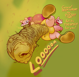 ambiguous_gender antennae_(anatomy) big_butt big_penis blush bodily_fluids butt duo fart fart_cloud feces genitals huge_butt looking_at_viewer male open_mouth penis penis_shaped_scat pooping scatplay simple_background smile spice_bug teeth text tongue wide_hips yowesephth arthropod insect digital_media_(artwork) english_text hi_res