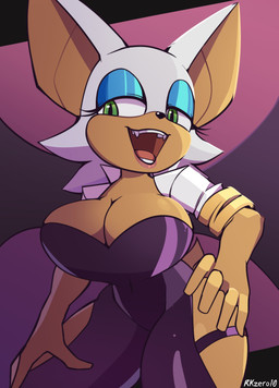 anthro bedroom_eyes big_breasts breasts cleavage clothed clothing fangs female green_eyes hair huge_breasts looking_at_viewer narrowed_eyes open_mouth open_smile seductive smile solo teeth white_hair rkzero10 sega sonic_the_hedgehog_(series) rouge_the_bat bat mammal absurd_res hi_res