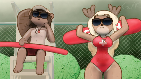 3d_background anthro antlers beaver_tail big_breasts blonde_hair bottomwear breasts brown_body brown_fur clothing curvy_figure dark_hair duo eyewear female fence fur hair horn larger_female lifeguard lifeguard_chair lifeguard_swimsuit male plant shirtless_male shorts shrub size_difference smaller_male smile sunglasses text thick_thighs wet wet_clothing guak nora_ashford wade_(guak) beaver deer mammal moose new_world_deer rodent 16:9 3d_(artwork) digital_media_(artwork) hi_res mixed_media widescreen