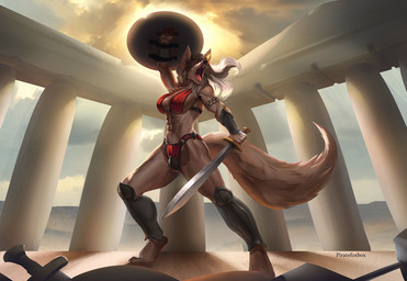 abs anthro breasts crotchplate digitigrade female melee_weapon muscular muscular_anthro muscular_female open_mouth shield solo standing sword weapon piratefoxbox canid canine mammal hi_res