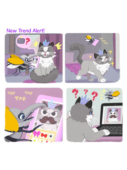 :3 ambiguous_gender bow_accessory bow_ribbon camera computer contact_onomatopoeia countershading curtains duo electronics emoji facial_hair feral flying googly_eyes happy impact_onomatopoeia inside laptop mustache onomatopoeia paws phone question_mark rug sitting social_media sound_effects sparkles sticker taking_picture tapping text trolling walking whiskers wings shanhorandraws little_kitty_big_city beetle_intern_(lkbc) taffy_(lkbc) arthropod beetle domestic_cat felid feline felis insect mammal 2025 comic english_text hi_res official_art