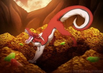 ambiguous_gender black_body black_fur feral fur horn open_mouth red_body red_fur solo teeth treasure white_body white_fur white_horn shadoweyenoom tabirs mythology ketters_(character) dragon furred_dragon furred_scalie mythological_creature mythological_scalie scalie full-length_portrait portrait