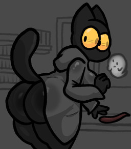 anthro bent_over big_butt black_body breasts butt clothing duo female looking_at_another raised_tail reaching_for_object robe robe_only standing tail thick_thighs yellow_eyes lewdewott google google_doodle magic_cat_academy momo_(google) domestic_cat felid feline felis ghost mammal spirit 2024 digital_drawing_(artwork) digital_media_(artwork) hi_res